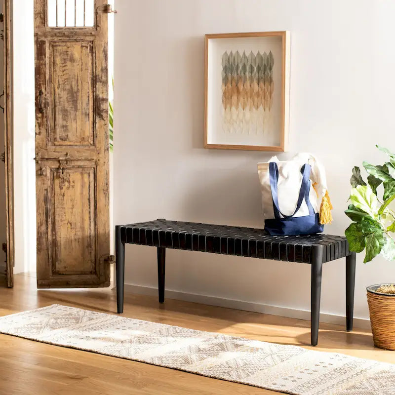 Manervia Wood & Leather Bench - 47Wx16Dx18H