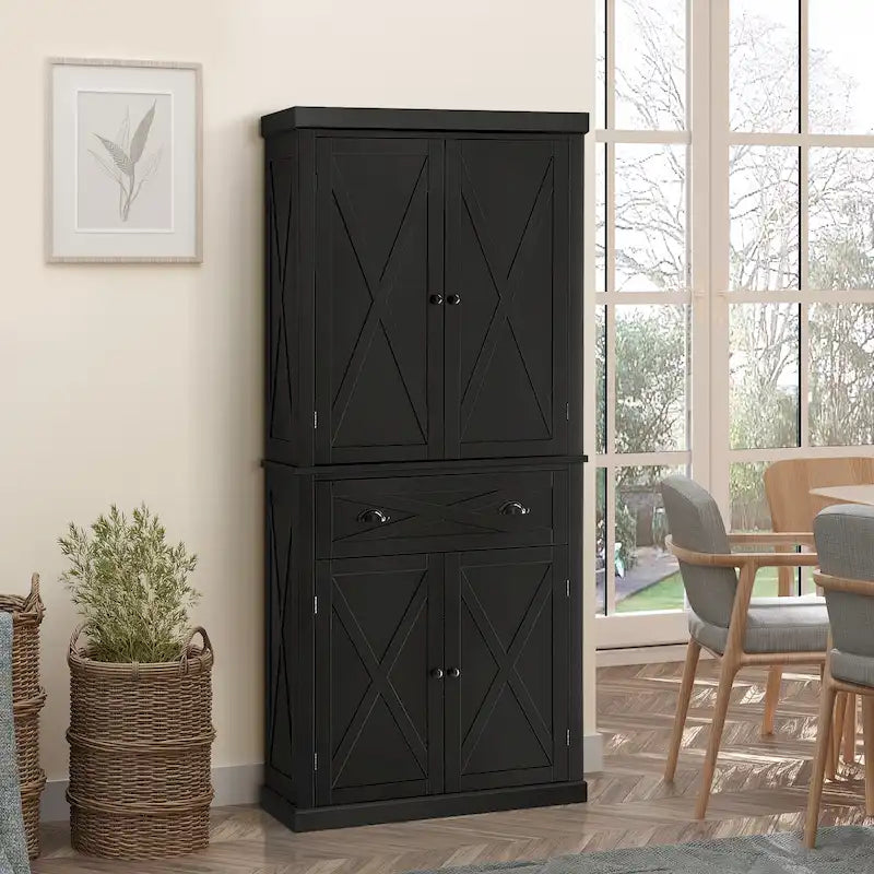 Freestanding Modern Farmhouse 4 Door Kitchen Pantry Cabinet, Storage Cabinet Organizer with 6-Tiers