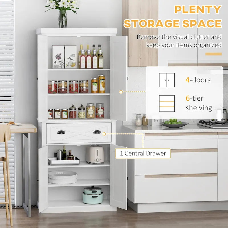 Freestanding Modern Farmhouse 4 Door Kitchen Pantry Cabinet, Storage Cabinet Organizer with 6-Tiers
