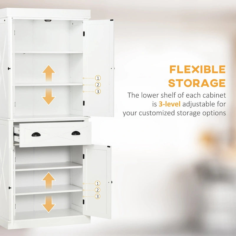 Freestanding Modern Farmhouse 4 Door Kitchen Pantry Cabinet, Storage Cabinet Organizer with 6-Tiers