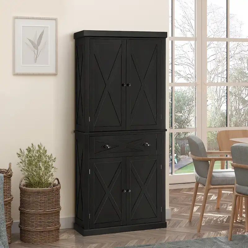 Freestanding Modern Farmhouse 4 Door Kitchen Pantry Cabinet, Storage Cabinet Organizer with 6-Tiers
