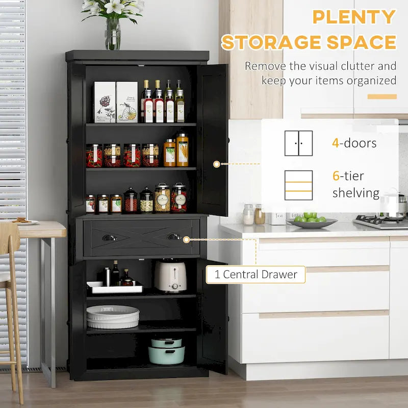 Freestanding Modern Farmhouse 4 Door Kitchen Pantry Cabinet, Storage Cabinet Organizer with 6-Tiers