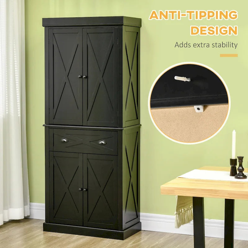 Freestanding Modern Farmhouse 4 Door Kitchen Pantry Cabinet, Storage Cabinet Organizer with 6-Tiers