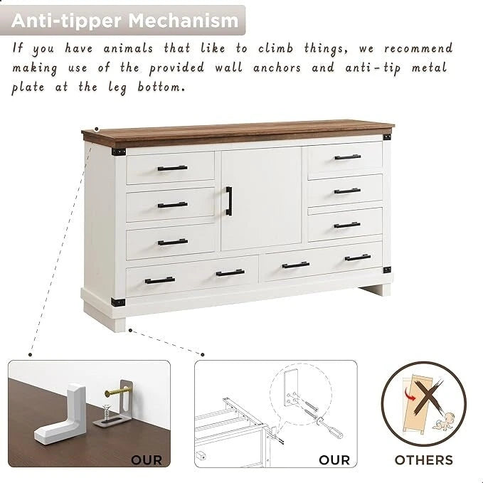 Farmhouse 8 Drawer Dresser, Wood Long Chest of Drawers, Closet Dresser