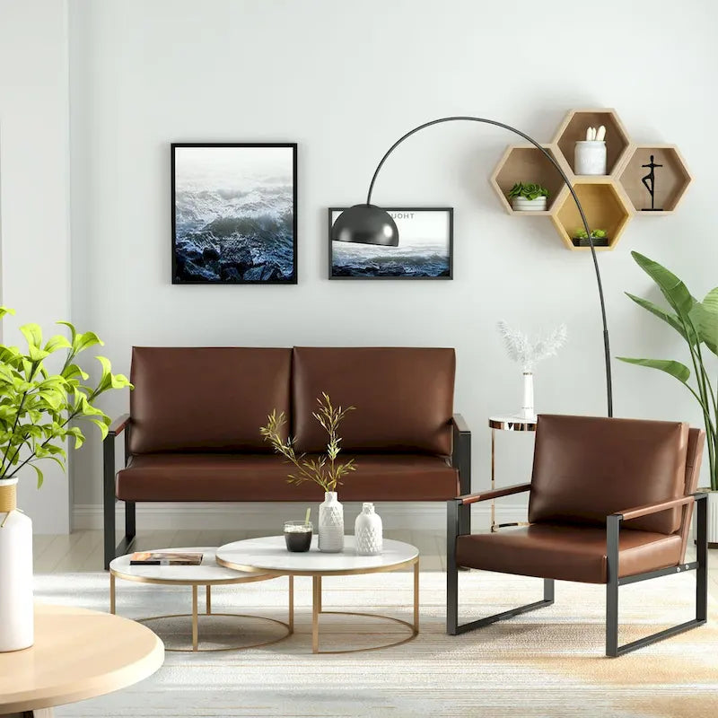 Mid-Century Style 3-Piece PU Leather Living Room Sofa Set Including 2 Armchairs and 1 Loveseat Sofa