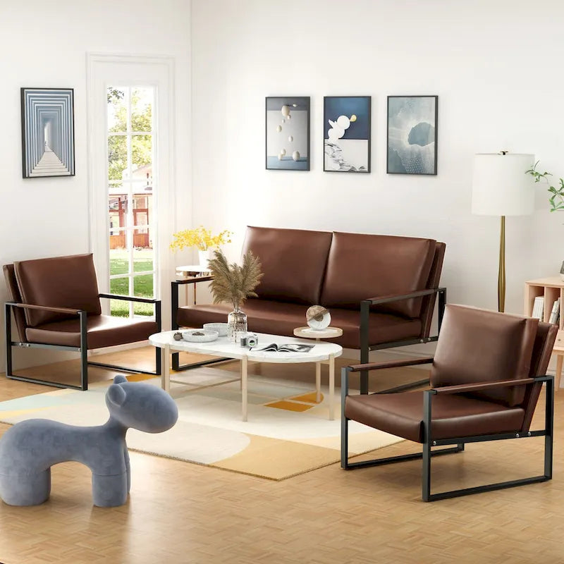 Mid-Century Style 3-Piece PU Leather Living Room Sofa Set Including 2 Armchairs and 1 Loveseat Sofa