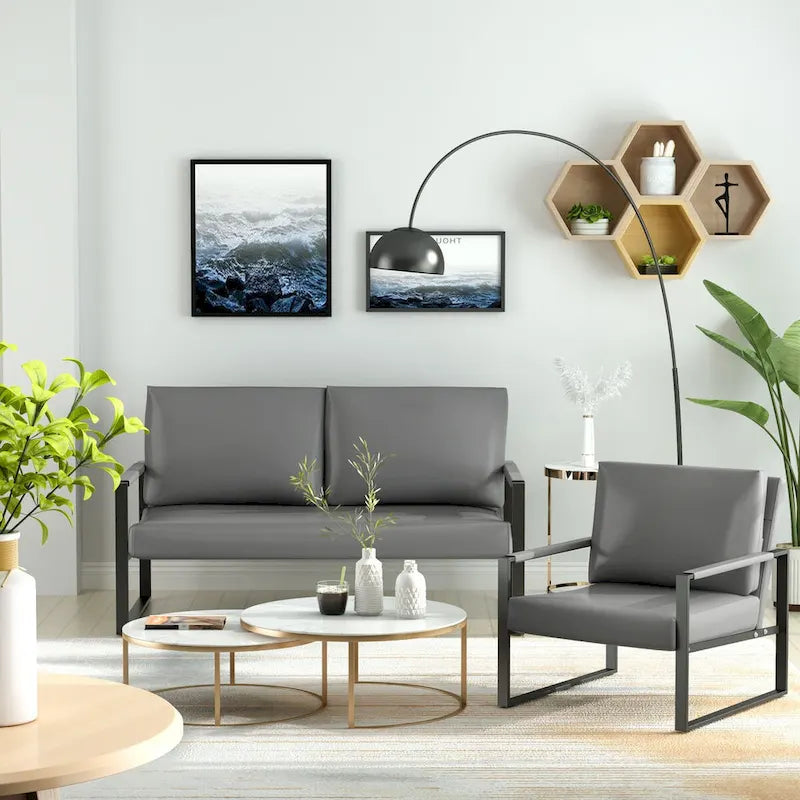 Mid-Century Style 3-Piece PU Leather Living Room Sofa Set Including 2 Armchairs and 1 Loveseat Sofa