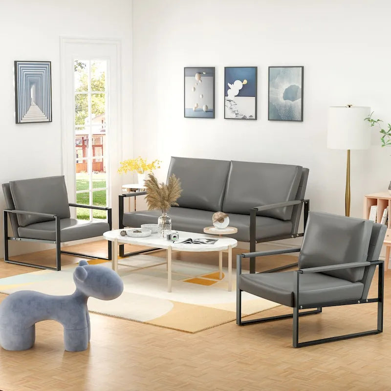 Mid-Century Style 3-Piece PU Leather Living Room Sofa Set Including 2 Armchairs and 1 Loveseat Sofa