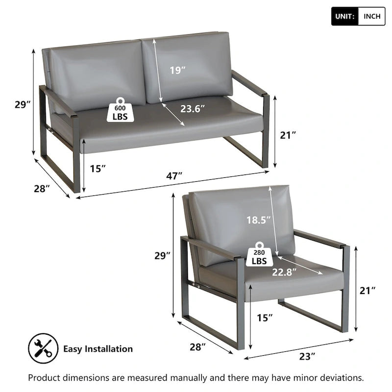 Mid-Century Style 3-Piece PU Leather Living Room Sofa Set Including 2 Armchairs and 1 Loveseat Sofa