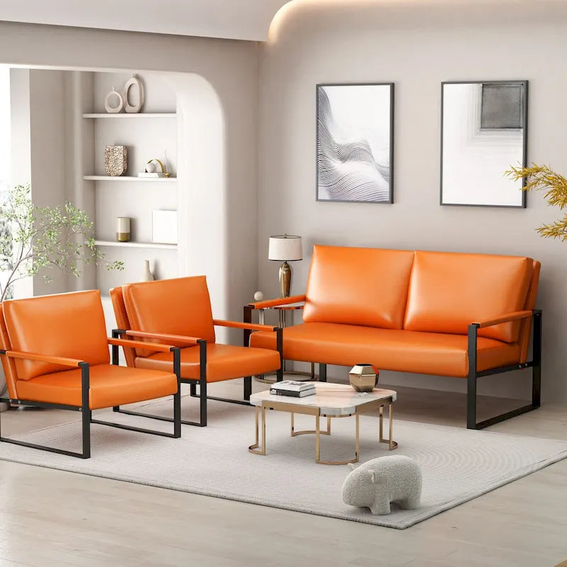 Mid-Century Style 3-Piece PU Leather Living Room Sofa Set Including 2 Armchairs and 1 Loveseat Sofa