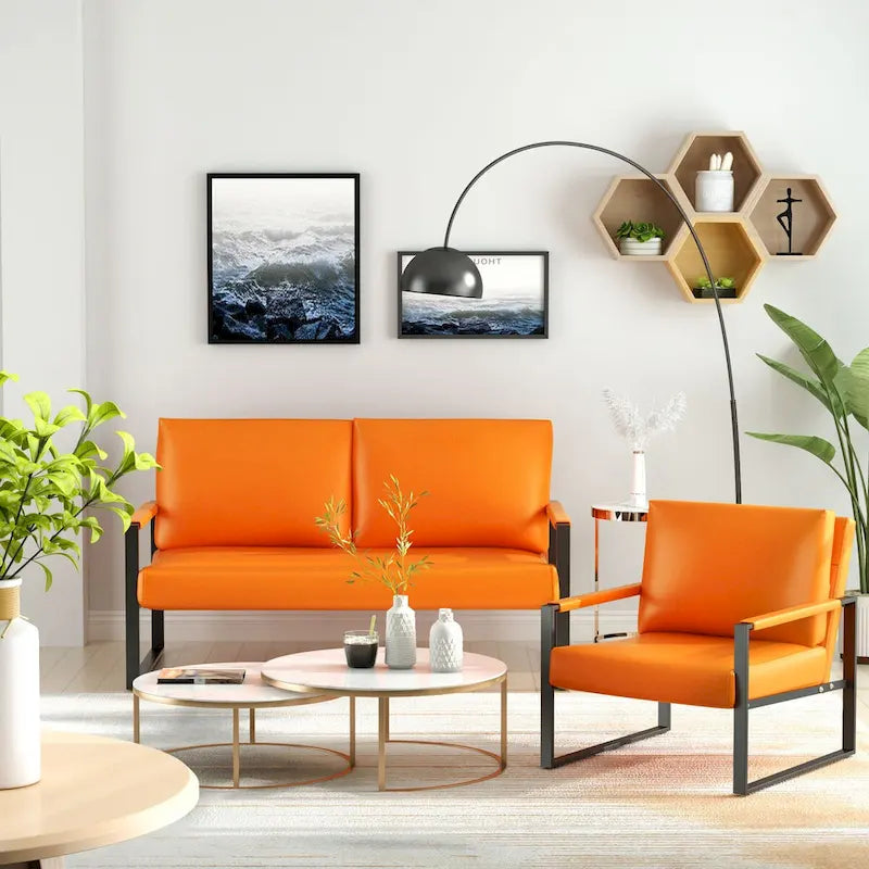Mid-Century Style 3-Piece PU Leather Living Room Sofa Set Including 2 Armchairs and 1 Loveseat Sofa