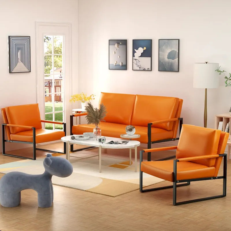 Mid-Century Style 3-Piece PU Leather Living Room Sofa Set Including 2 Armchairs and 1 Loveseat Sofa