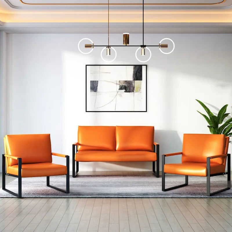 Mid-Century Style 3-Piece PU Leather Living Room Sofa Set Including 2 Armchairs and 1 Loveseat Sofa