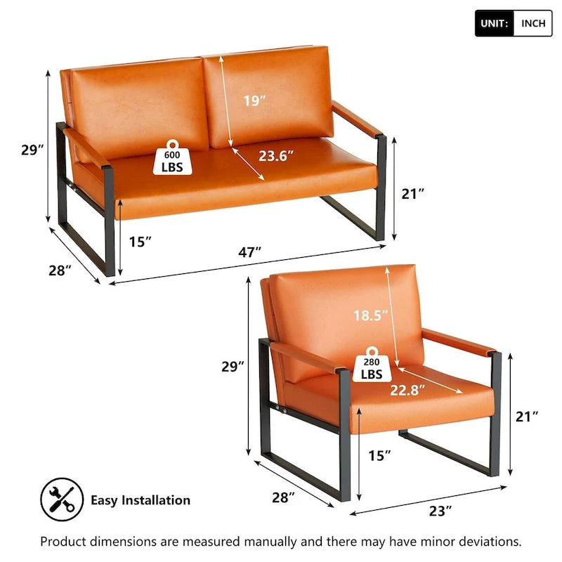 Mid-Century Style 3-Piece PU Leather Living Room Sofa Set Including 2 Armchairs and 1 Loveseat Sofa