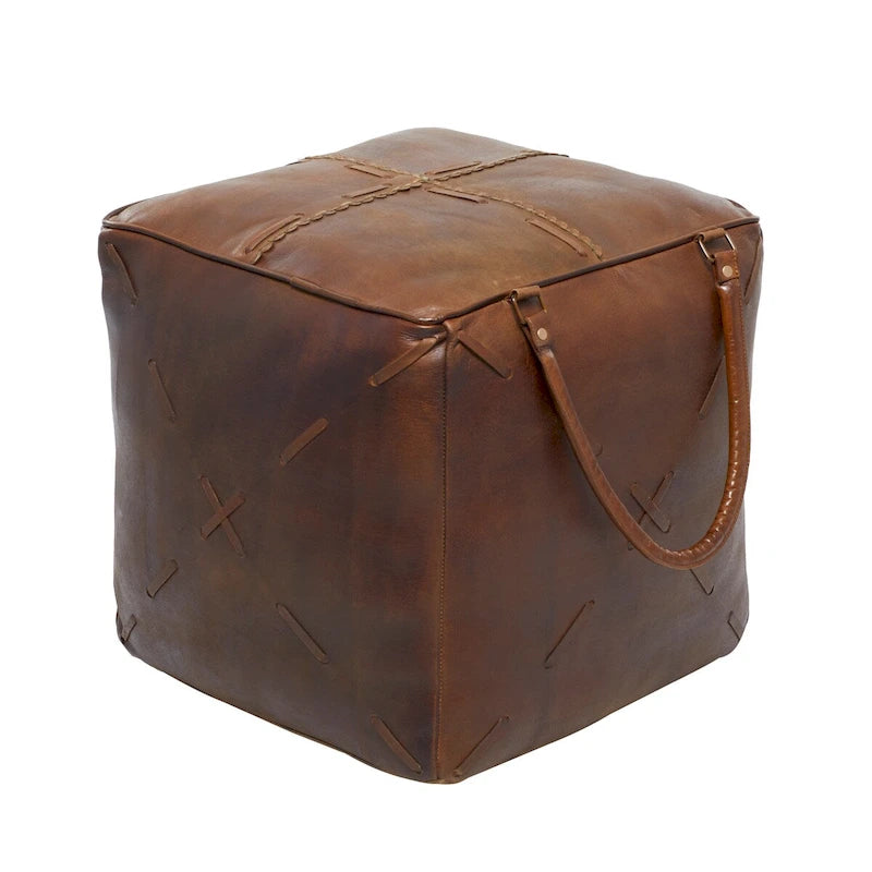 Canvas Pouf with Leather Handles - Gray, Brown, White, Cream or Beige