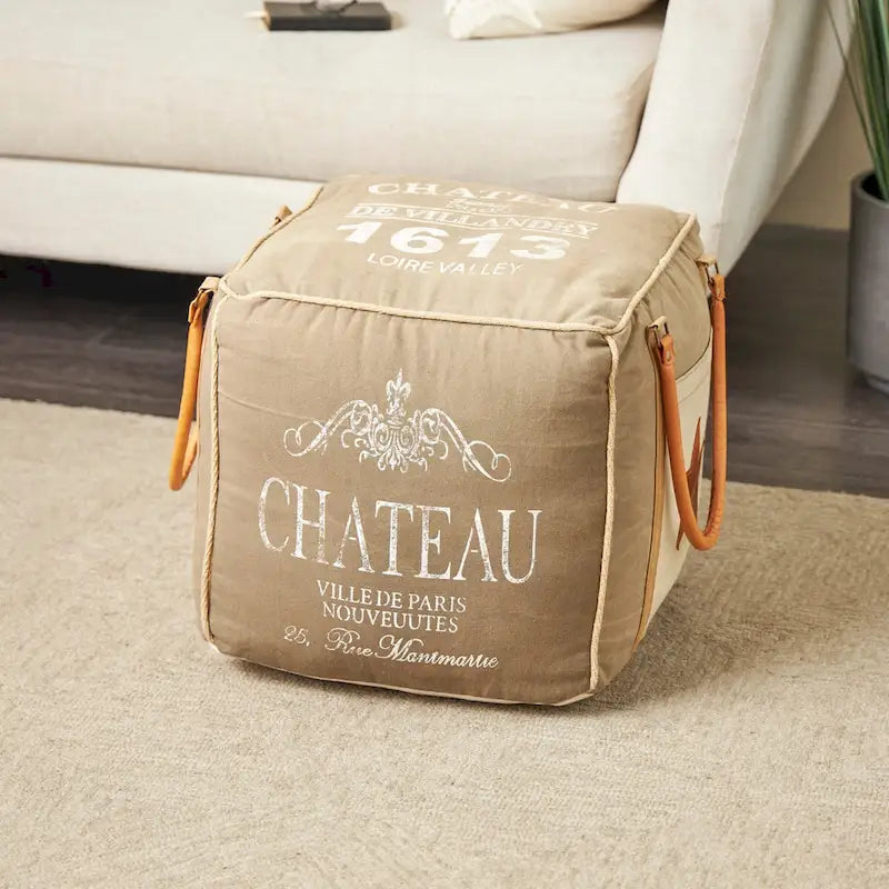 Canvas Pouf with Leather Handles - Gray, Brown, White, Cream or Beige