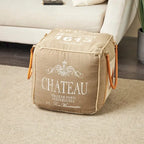 Canvas Pouf with Leather Handles - Gray, Brown, White, Cream or Beige