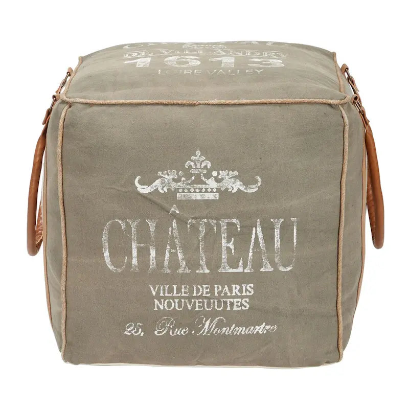 Canvas Pouf with Leather Handles - Gray, Brown, White, Cream or Beige