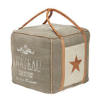 Canvas Pouf with Leather Handles - Gray, Brown, White, Cream or Beige
