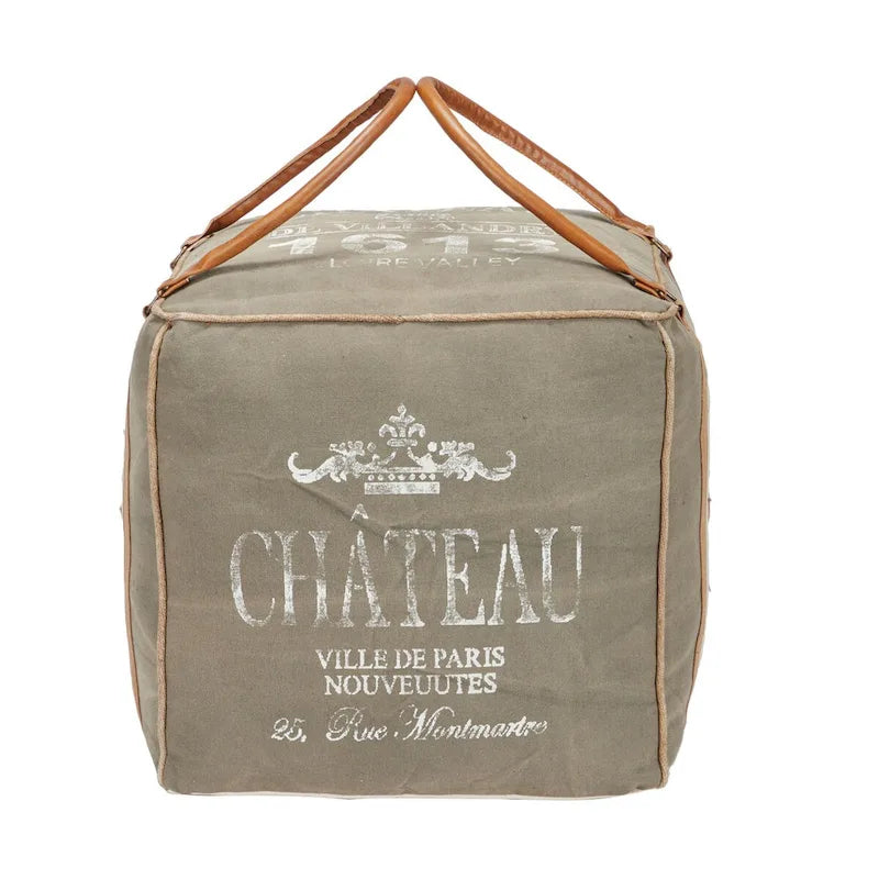Canvas Pouf with Leather Handles - Gray, Brown, White, Cream or Beige