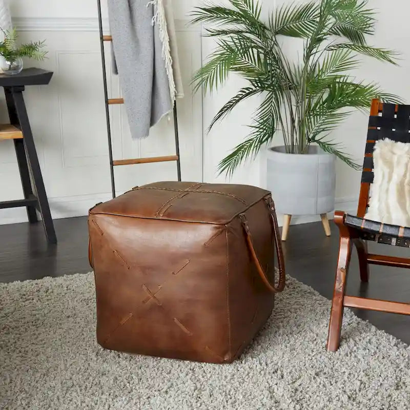 Canvas Pouf with Leather Handles - Gray, Brown, White, Cream or Beige