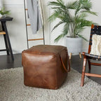 Canvas Pouf with Leather Handles - Gray, Brown, White, Cream or Beige