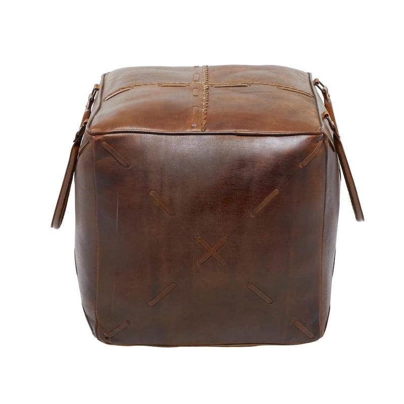 Canvas Pouf with Leather Handles - Gray, Brown, White, Cream or Beige