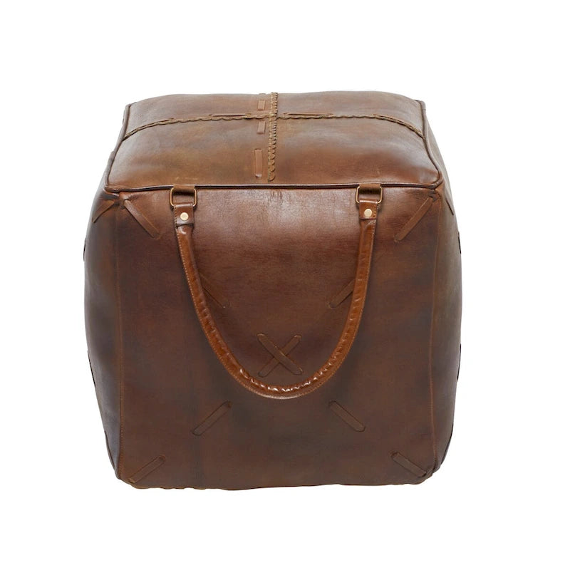 Canvas Pouf with Leather Handles - Gray, Brown, White, Cream or Beige