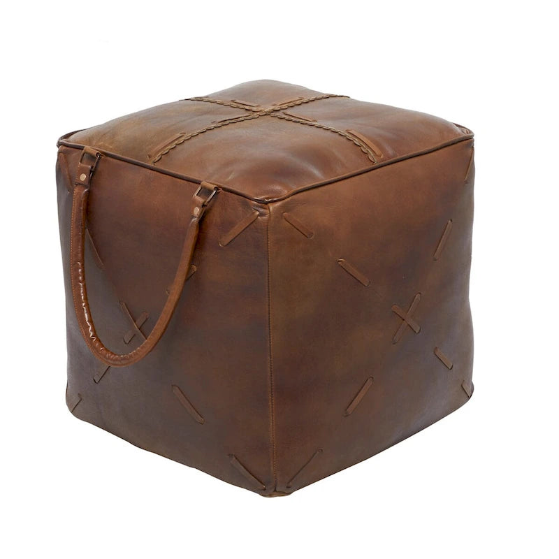 Canvas Pouf with Leather Handles - Gray, Brown, White, Cream or Beige