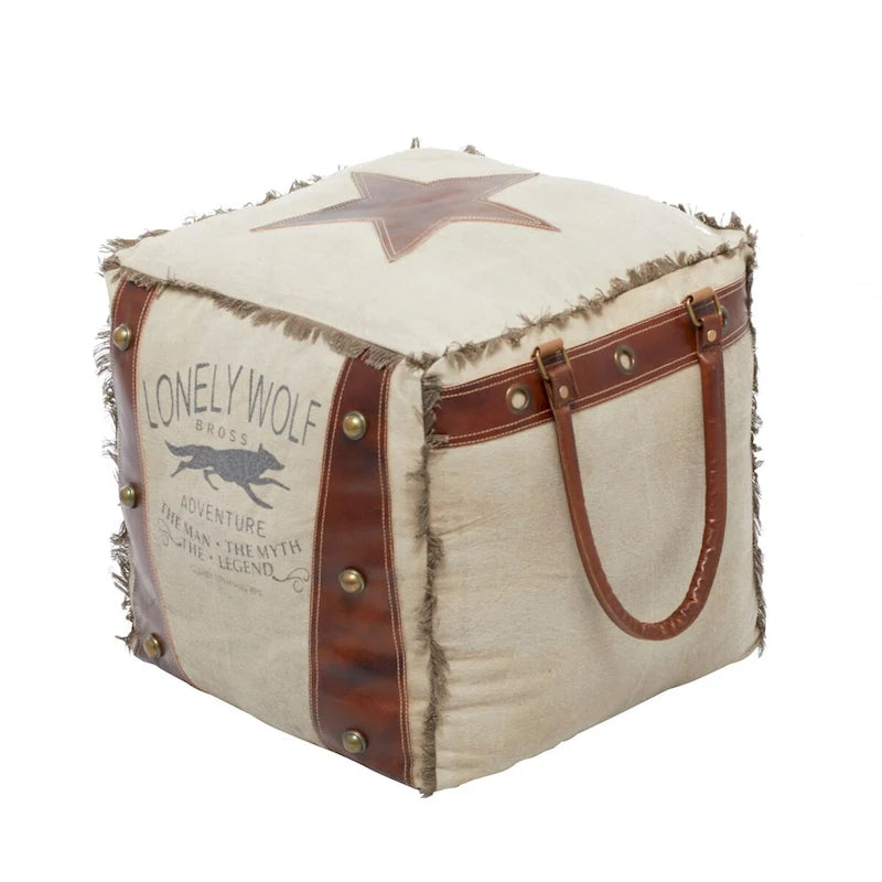 Canvas Pouf with Leather Handles - Gray, Brown, White, Cream or Beige