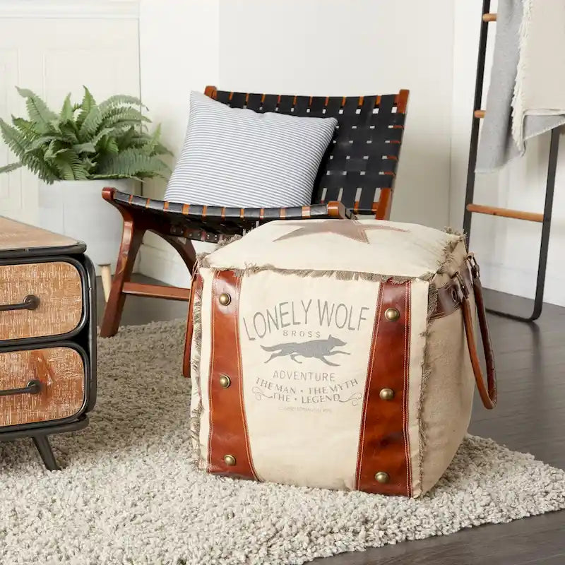 Canvas Pouf with Leather Handles - Gray, Brown, White, Cream or Beige