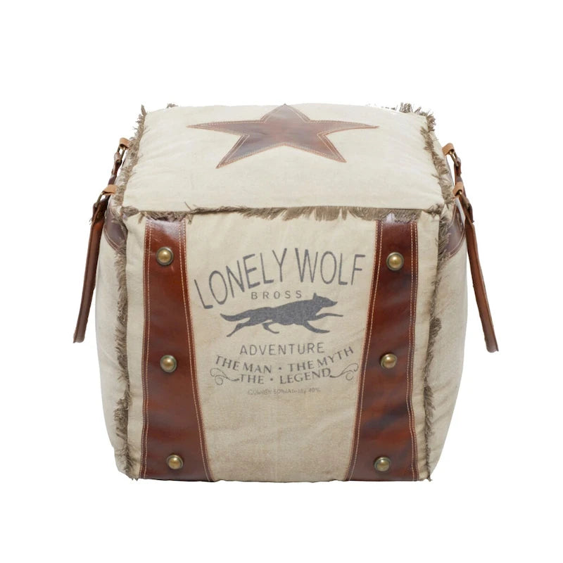 Canvas Pouf with Leather Handles - Gray, Brown, White, Cream or Beige