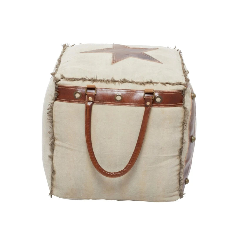 Canvas Pouf with Leather Handles - Gray, Brown, White, Cream or Beige