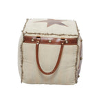 Canvas Pouf with Leather Handles - Gray, Brown, White, Cream or Beige