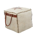 Canvas Pouf with Leather Handles - Gray, Brown, White, Cream or Beige