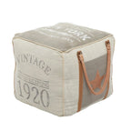 Canvas Pouf with Leather Handles - Gray, Brown, White, Cream or Beige