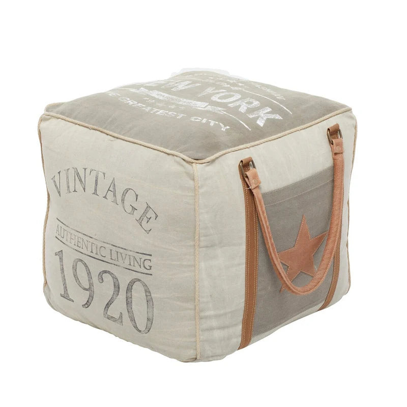 Canvas Pouf with Leather Handles - Gray, Brown, White, Cream or Beige
