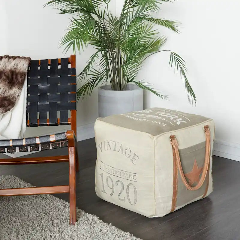 Canvas Pouf with Leather Handles - Gray, Brown, White, Cream or Beige