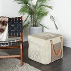 Canvas Pouf with Leather Handles - Gray, Brown, White, Cream or Beige