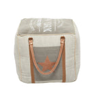 Canvas Pouf with Leather Handles - Gray, Brown, White, Cream or Beige