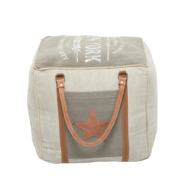 Canvas Pouf with Leather Handles - Gray, Brown, White, Cream or Beige