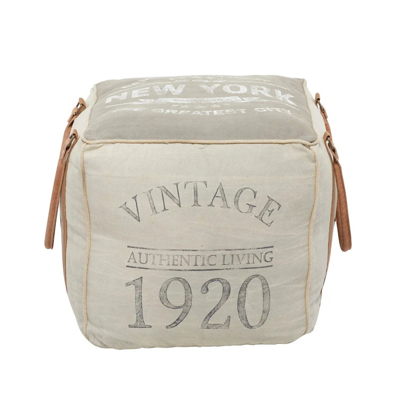 Canvas Pouf with Leather Handles - Gray, Brown, White, Cream or Beige