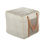 Canvas Pouf with Leather Handles - Gray, Brown, White, Cream or Beige