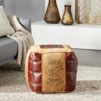 Canvas Pouf with Leather Handles - Gray, Brown, White, Cream or Beige