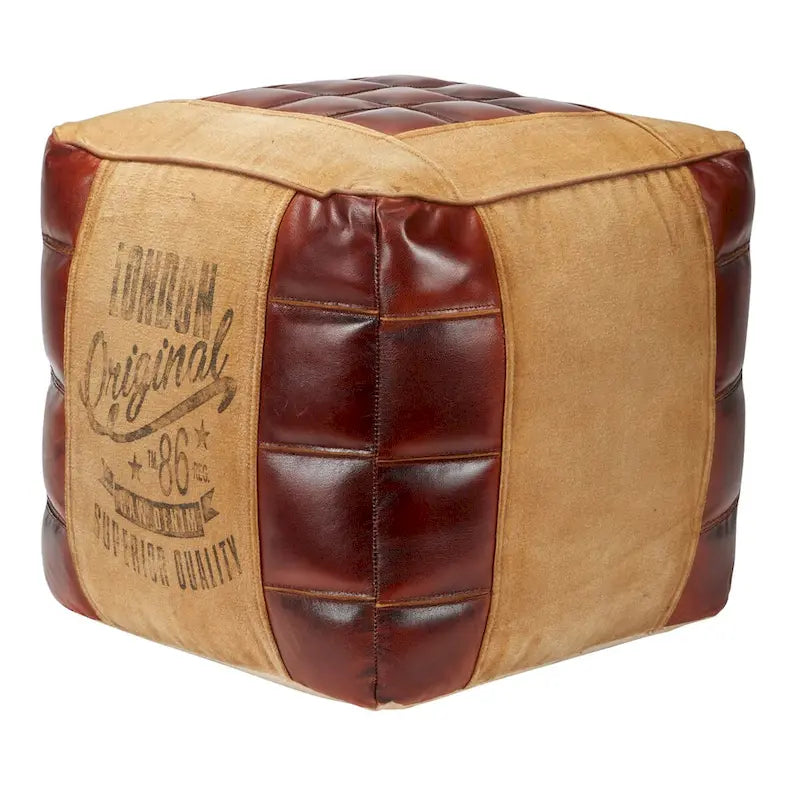 Canvas Pouf with Leather Handles - Gray, Brown, White, Cream or Beige