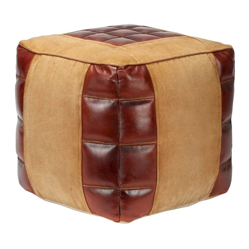 Canvas Pouf with Leather Handles - Gray, Brown, White, Cream or Beige