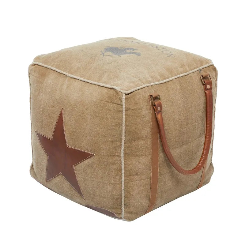 Canvas Pouf with Leather Handles - Gray, Brown, White, Cream or Beige