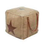 Canvas Pouf with Leather Handles - Gray, Brown, White, Cream or Beige