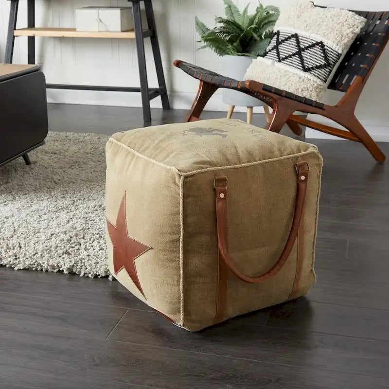 Canvas Pouf with Leather Handles - Gray, Brown, White, Cream or Beige