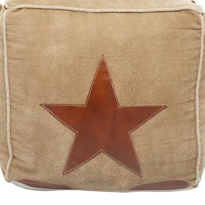 Canvas Pouf with Leather Handles - Gray, Brown, White, Cream or Beige